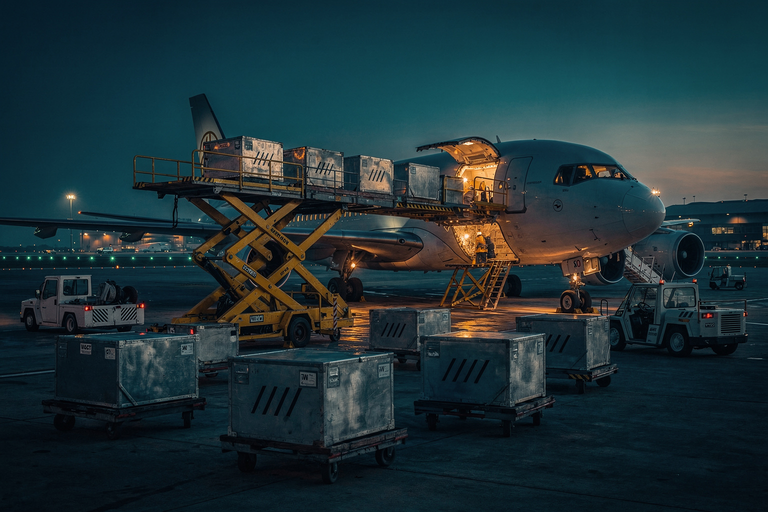 Air freight — wide-body freighter loaded with air cargo containers on the apron at dusk