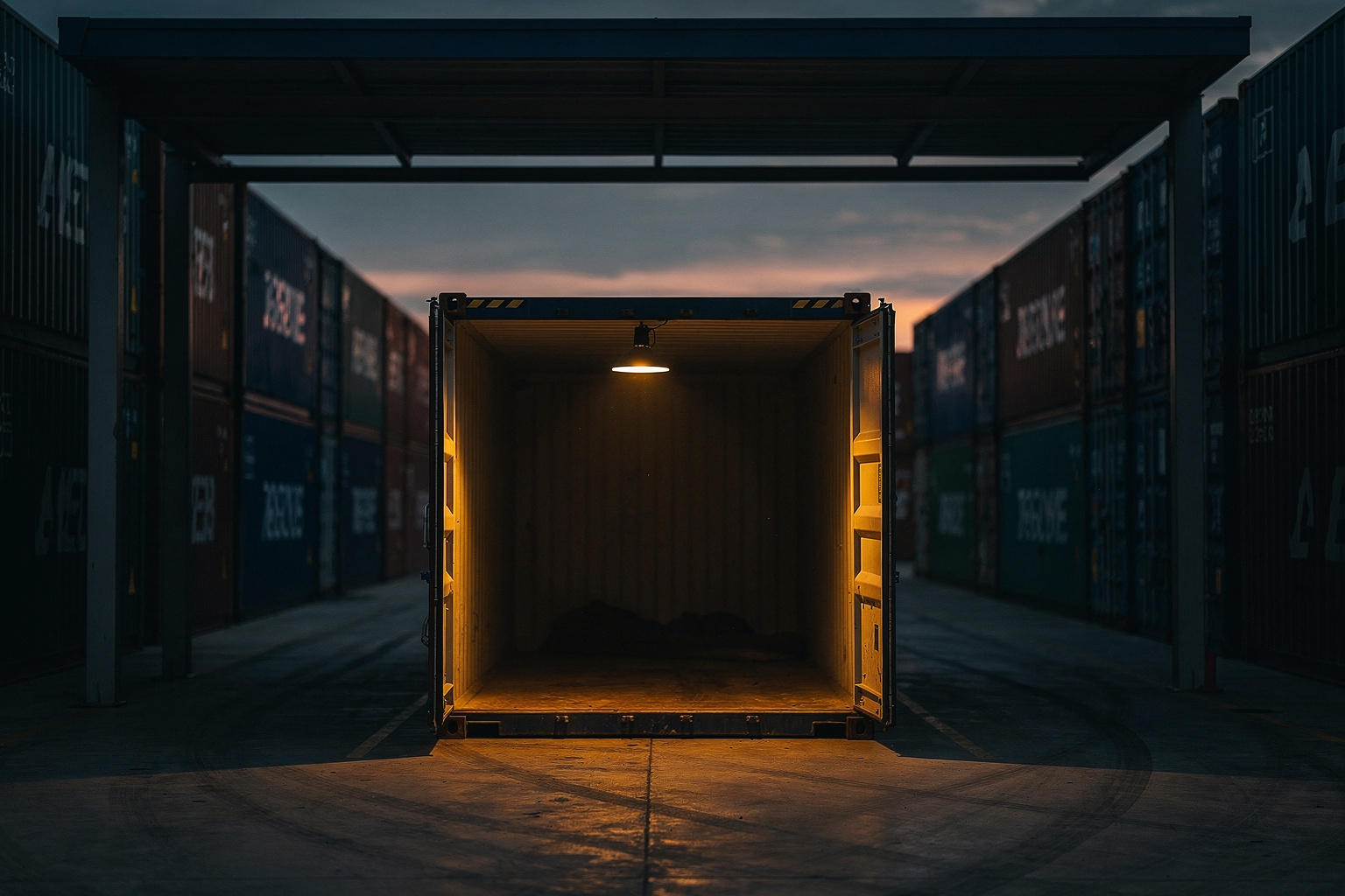 Customs clearance — open container under inspection lamp in a port inspection bay at dusk