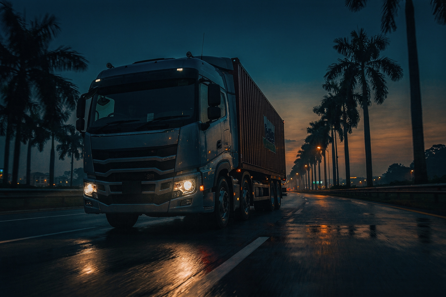 Container haulage — prime-mover hauling a container on a Malaysian expressway at dusk
