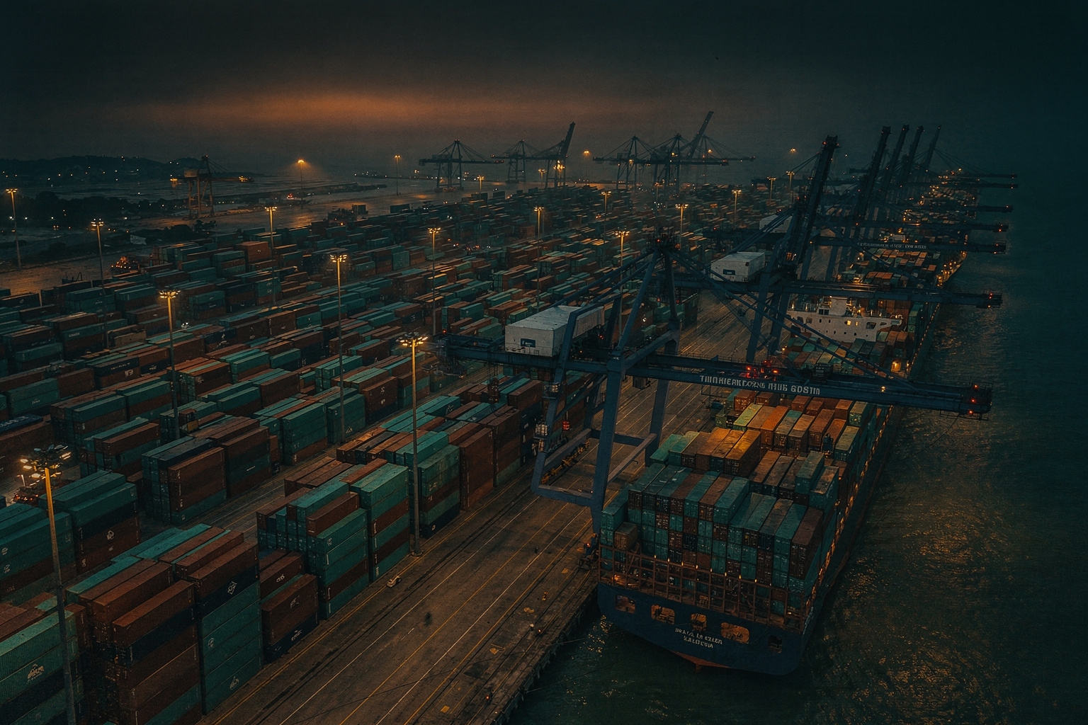 Sea freight — container terminal at Port Klang loaded by ship-to-shore cranes at dusk